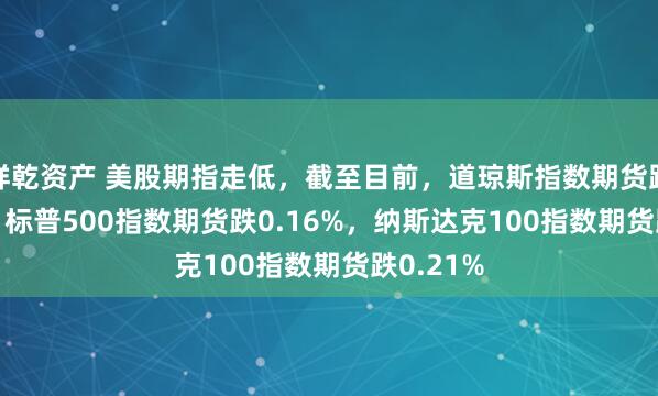 祥乾资产 美股期指走低，截至目前，道琼斯指数期货跌0.17%，标普500指数期货跌0.16%，纳斯达克100指数期货跌0.21%